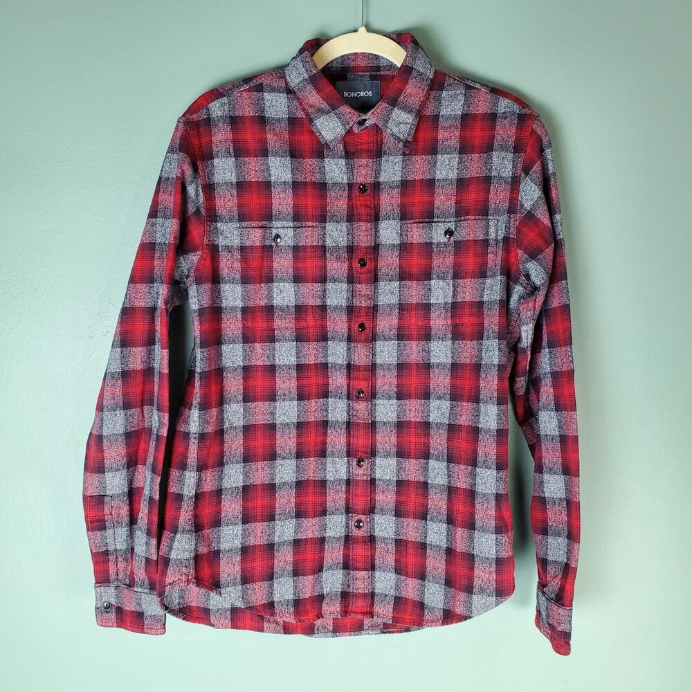 Bonobos Men's Slim Fit Red Plaid Flannel Button Up Long Sleeve Shirt Size Medium